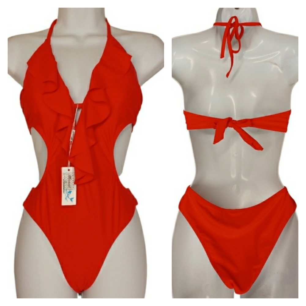 Mermaid Swimwear Red Ruffle One-piece Halter Swimsuit Medium NWT